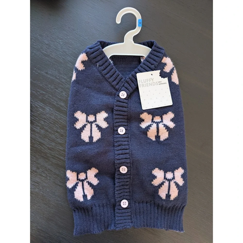 Fluffy Friends Dog Pet Cardigan Sweater Navy Blue Pink‎ Bow Knit Sz M Coquette